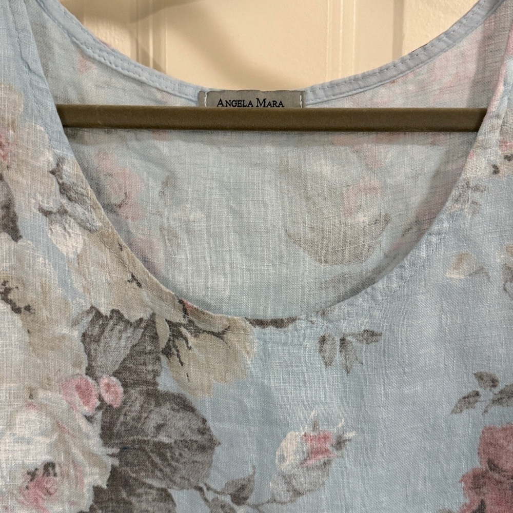 Angela Mara 100% linen Floral Sleeveless Blue Dress with pockets cabbage rose - Picture 4 of 9